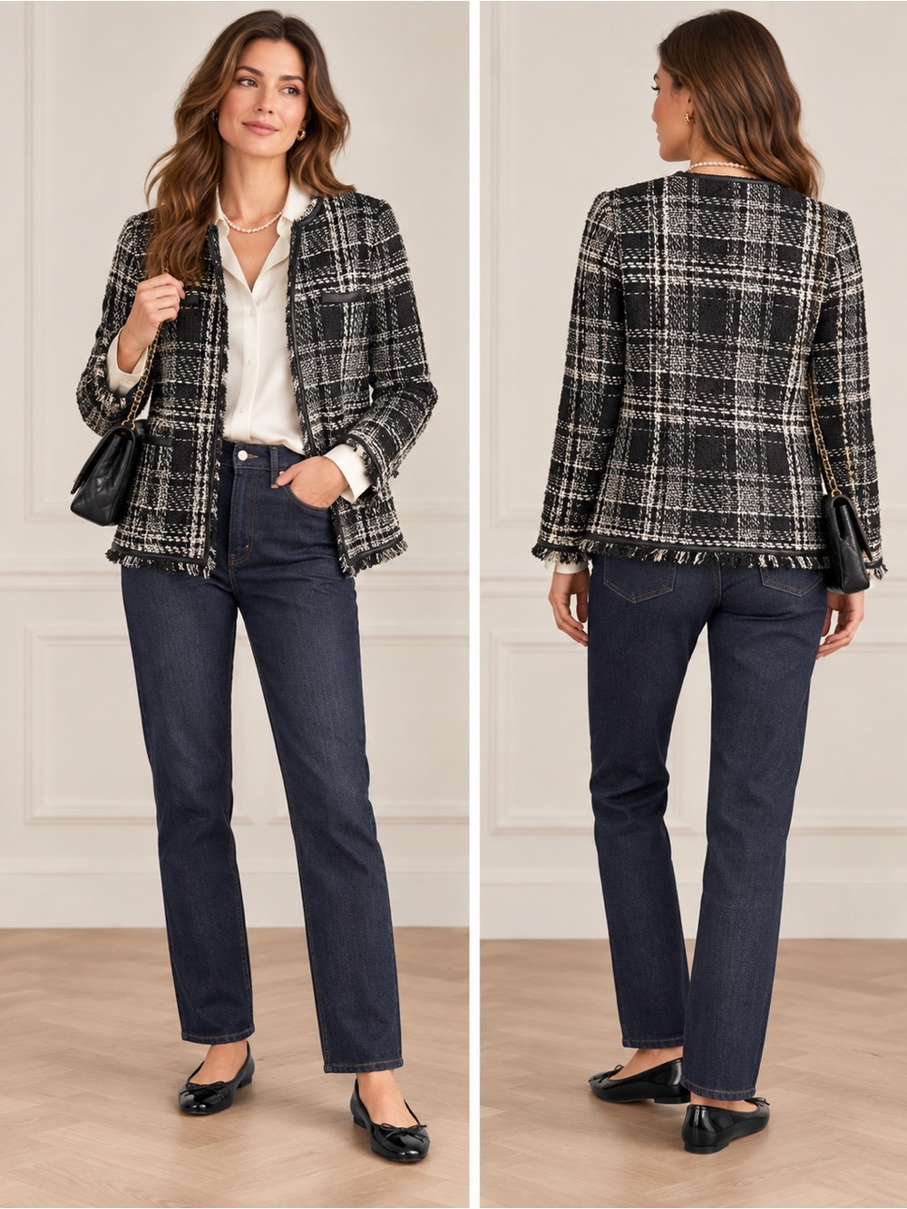 Boston Proper Black & White Plaid Tweed Blazern
